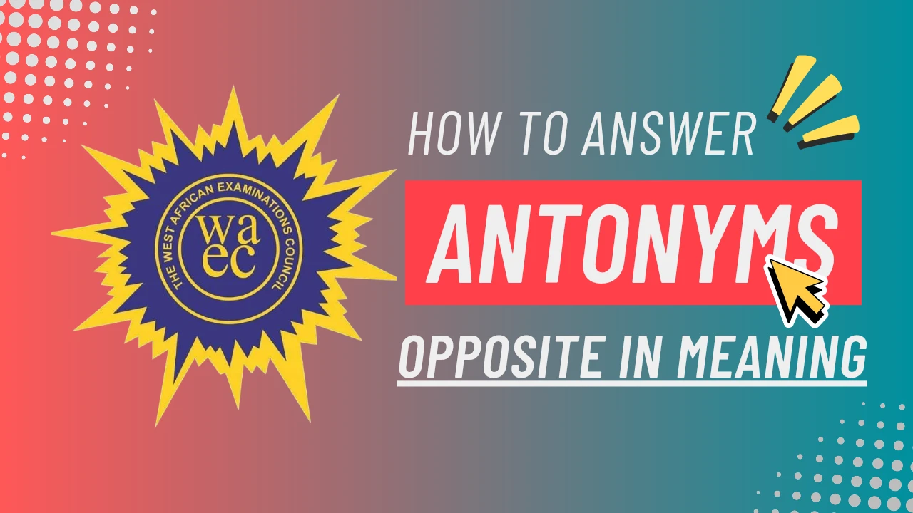 An image on how to answer WAEC Antonyms questions. It has a red-blue gradient background with the WAEC logo by the left and a text on the right that reads, "How to Answer Antonyms (opposite in meaning)"