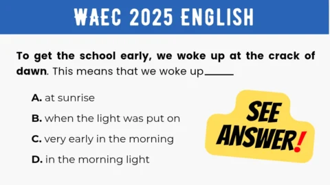 An image displaying the WAEC 2025 English Objective Question 25 with its options and a "SEE ANSWER!" text in yellow highlight with red exclamation mark on the right.